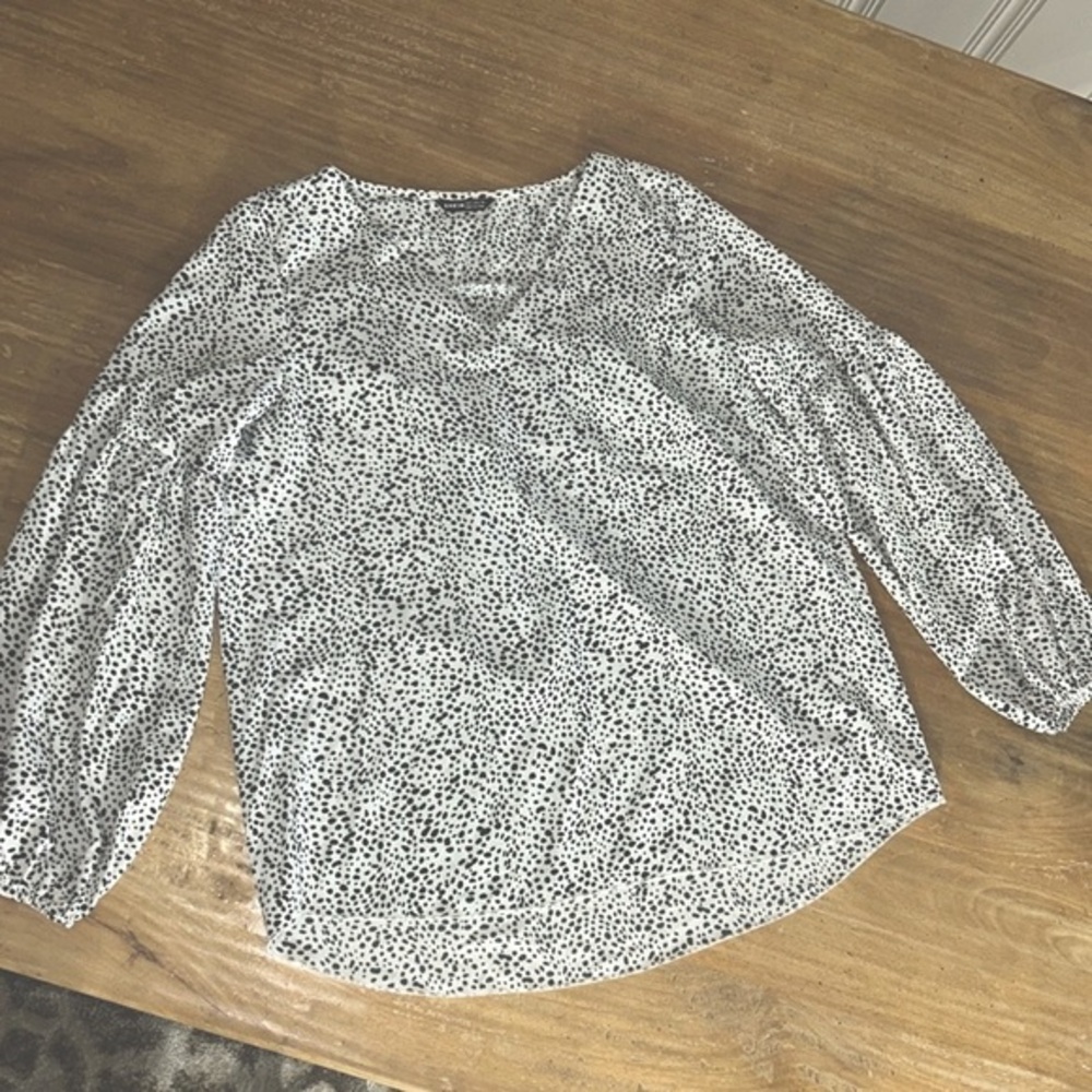 Dalmatian Print V-Neck Balloon‎ Sleeve Blouse White Black Size Small